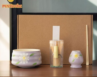 Hand-Painted Purple Flower Ceramic Matcha Bowl Set, Ceramic Matcha Bowl with Bamboo Whisk and Chasen Holders, Matcha Tea Ceremony Set, Gifts