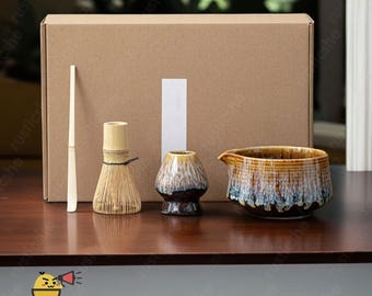 Handmade Kiln Yellow Ceramic Matcha Bowl Set, Matcha Tea Ceremony Set, Ceramic Matcha Bowl with Bamboo Whisk and Chasen Holders, Matcha Gift