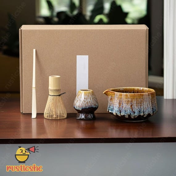 Handmade Kiln Yellow Ceramic Matcha Bowl Set, Matcha Tea Ceremony Set, Ceramic Matcha Bowl with Bamboo Whisk and Chasen Holders, Matcha Gift
