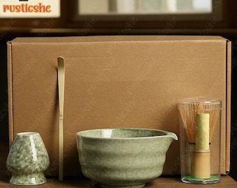Hand-Painted Green Ceramic Matcha Bowl Set, Matcha Tea Ceremony Set, Ceramic Matcha Bowl with Bamboo Whisk and Chasen Holders, Matcha Gifts
