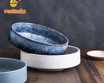 Creative Flat Edge Matte Salad Bowl,Handmade Rustic Dinnerware For Soup,Japanese Ceramic Bowl,Durable Thick Soup Bowl,Home Kitchen Bowl,Gift