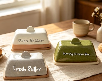 Personalized Ceramic Butter Dish Custom Engraved Butter Keeper with Lid Wabi Sabi Rustic Pottery Farmhouse Kitchen Gift