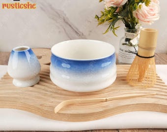 Handmade Gradation Blue Ceramic Matcha Bowl Set,Ceramic Matcha Bowl with Bamboo Whisk and Chasen Holders,Matcha Tea Ceremony Set,Matcha Gift