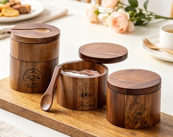 Personalized Acacia Wood Salt Cellar Custom Engraved Wooden Spice Box Seasoning Container Pepper Salt Keeper Kitchen Gift