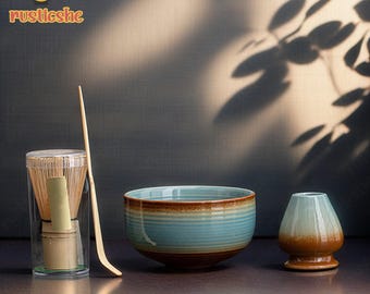Handmade Ceramic Blue Glaze Matcha Tea Set,Matcha Kit with Spoon,Matcha Lovers Gift,Matcha Chawan,Whisk And Holder,Matcha Tools & Accessorie