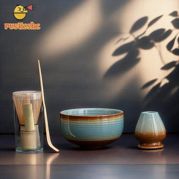 Service à Thé Matcha Complet 5 Pièces – Fouet Bambou, Bol Céramique, Cuillère, Porte-Fouet, Blanc