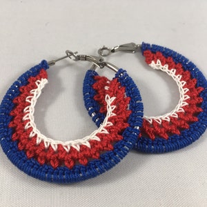 Crochet Earrings, Striped Hoop Earrings, Summer Earrings, Handmade Earrings- Patriotic, Red, White, Blue