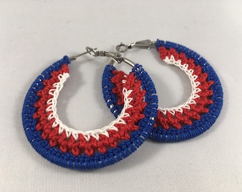 Crochet Earrings, Striped Hoop Earrings, Summer Earrings, Handmade Earrings- Patriotic, Red, White, Blue