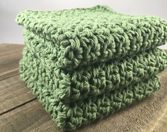 Cotton Dishcloths, Cotton Washcloths- Sage. Ecofriendly, Reusable, Handmade crochet, Set of 3