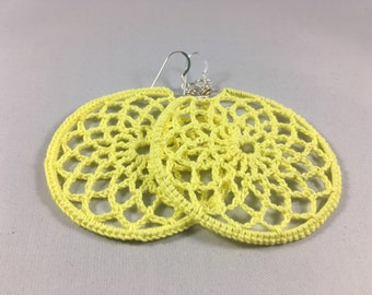 Crochet Earrings, Handmade, Boho Earrings, Dream Catcher, Round Earrings, Summer Earrings, Lightweight- Canary Yellow