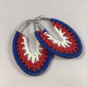 Crochet Earrings, Striped Oval Hoop Earrings, Summer Earrings, Handmade Earrings- Patriotic, Red, White, Blue