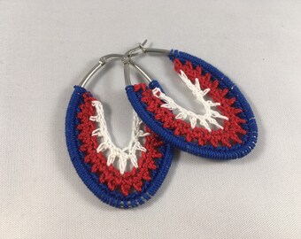 Crochet Earrings, Striped Oval Hoop Earrings, Summer Earrings, Handmade Earrings- Patriotic, Red, White, Blue