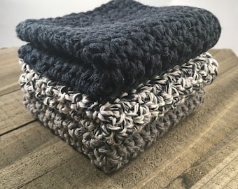 Cotton Dishcloths, Cotton Washcloths- Black,Grey,White. Ecofriendly, Reusable, Handmade crochet, Set of 3