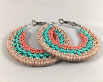 Crochet Earrings. Striped, Hoop Earrings, Summer Earrings, Handmade- Coral, Mint, Beige