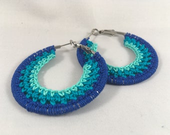 Crochet Earrings, Striped Hoop Earrings, Summer Earrings, Handmade Earrings-Ocean Blues, Aqua, Turquoise, Cobalt Blue