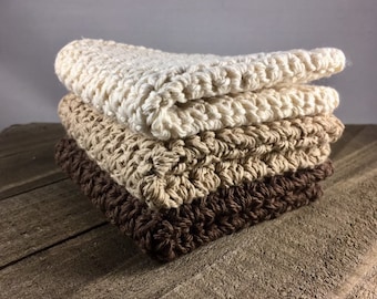 Cotton Dishcloths, Cotton Washcloths- Neutrals. Ecofriendly, Reusable, Handmade crochet, Set of 3