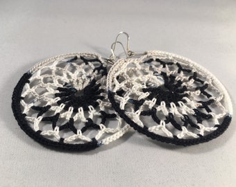 Crochet Earrings, Handmade, Boho Earrings, Dream Catcher, Round, Summer Earrings, Zebra Print, Black & White