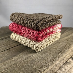 Cotton Dishcloths, Cotton Washcloths Chocolate Brown, Beige & Rose/Beige Ombre. Ecofriendly, Reusable, Handmade crochet, Set of 3 image 7