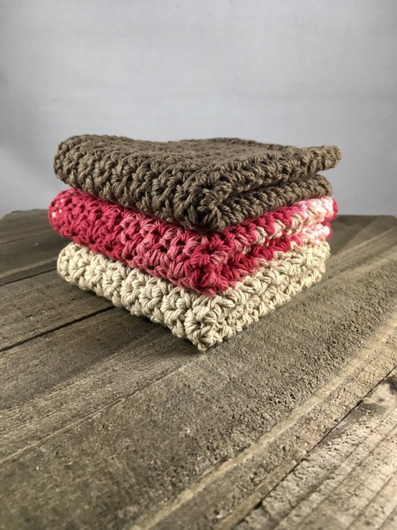 Cotton Dishcloths, Cotton Washcloths Chocolate Brown, Beige & Rose/Beige Ombre. Ecofriendly, Reusable, Handmade crochet, Set of 3 image 7