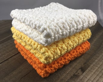 Cotton Dishcloths, Cotton Washcloths- CANDY CORN COLLECTION.  Ecofriendly, Reusable, Handmade crochet, Set of 3