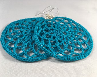 Crochet Earrings, Handmade Boho Earrings, Dream Catcher, Round Earrings, Summer Earrings- Peacock Blue