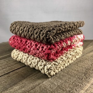 Cotton Dishcloths, Cotton Washcloths Chocolate Brown, Beige & Rose/Beige Ombre. Ecofriendly, Reusable, Handmade crochet, Set of 3 image 1