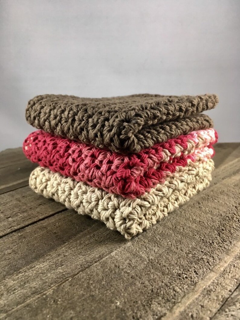 Cotton Dishcloths, Cotton Washcloths Chocolate Brown, Beige & Rose/Beige Ombre. Ecofriendly, Reusable, Handmade crochet, Set of 3 image 1