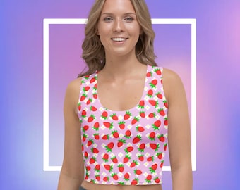 Strawberry Crop Top, fruity tank, summer outfit, cottagecore, kitsch aesthetic, cute berry vest, pink vacation clothing, blossom style,
