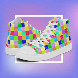 Rainbow Patch Women’s High Top Canvas Shoes, colorful footwear, funky pattern, multicolor sneakers, maximalist aesthetic, clowncore,