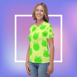 Froggi All-Over Print Women's T-Shirt, cute frog cartoon top, festival maximalist party tee, funny kawaii character outfit, fancy dress