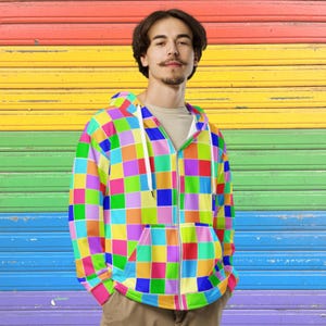 Regenbogen Patch Unisex Zip Hoodie, bunter Mantel, kawaii jfashion, clowncore, alternative Jacke, ravewear, festivalwear, funky Muster,
