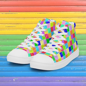 Rainbow Patch Women’s High Top Canvas Shoes, colorful footwear, funky pattern, multicolor sneakers, maximalist aesthetic, clowncore,