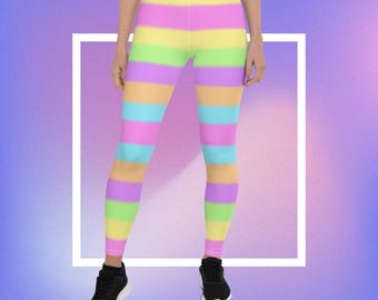 Pastel Rainbow Stripe Leggings, kawaii aesthetic, soft pattern, jfashion, fairy kei, harajuku cute style, sweet gymwear, cozy casualwear,