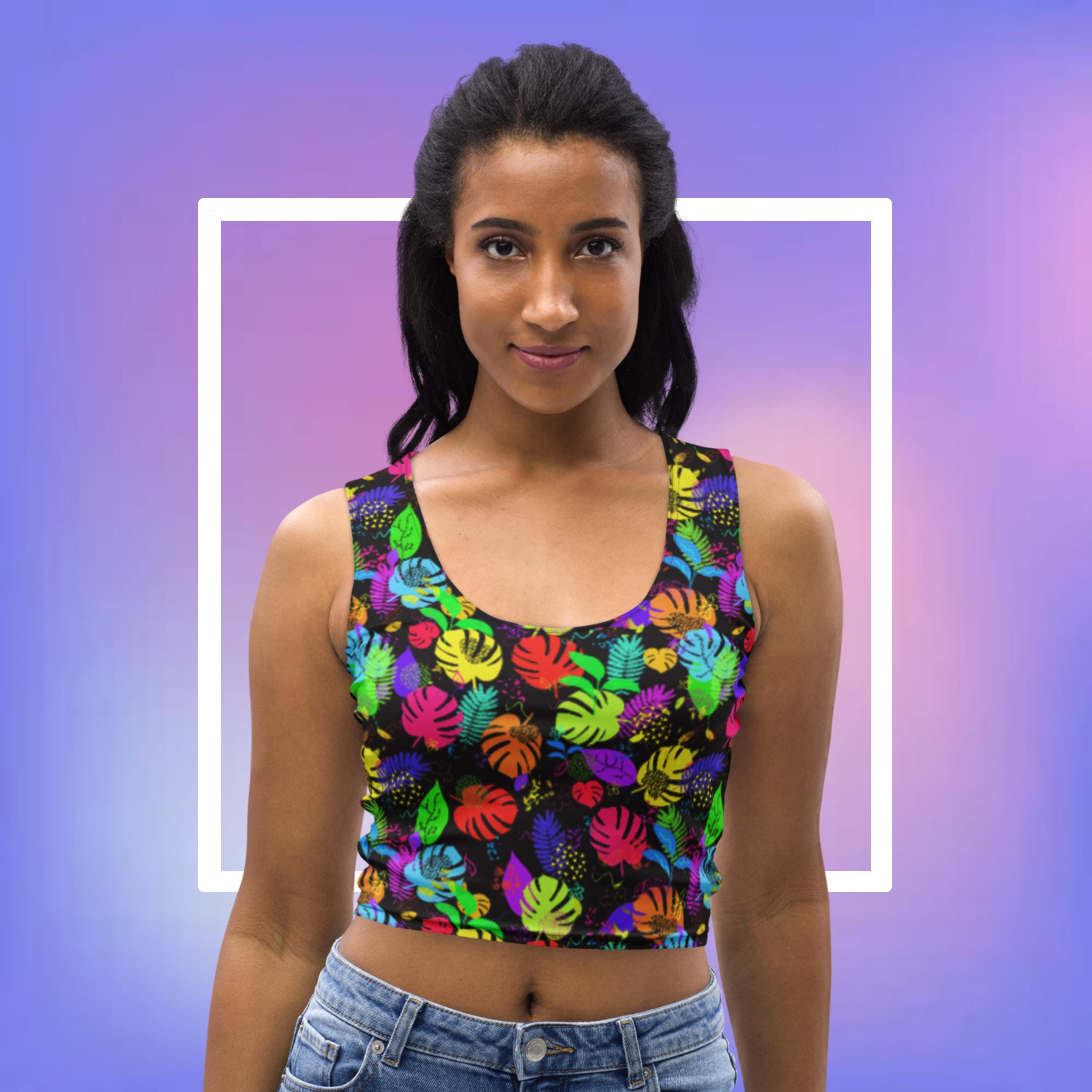 Neon Jungle Crop Top, multicolor vest, colorful tank, vibrant vacation outfit, women's summerwear, vivid ravewear, funky festivalwear,