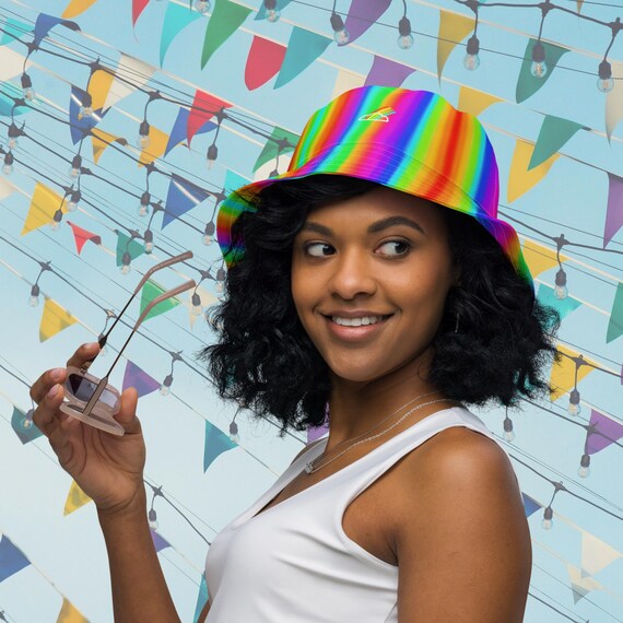Rainbow Reversable Denim/Black Bucket Hat Reversible Bucket Hat with Rainbow trim Black and Denim | eBay main image 4