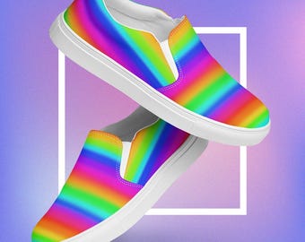 Rainbow Stripe Women’s slip-on canvas shoes, LGBTQ pride, colorful casual, kawaii pattern, vibrant statement, funky skater, alternative