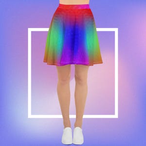 Rainbow Blur Skater Skirt, funky kawaii style, alternative vibes, LGBTQ pride, colorful pattern, rave outfit, bright multicolor fashion