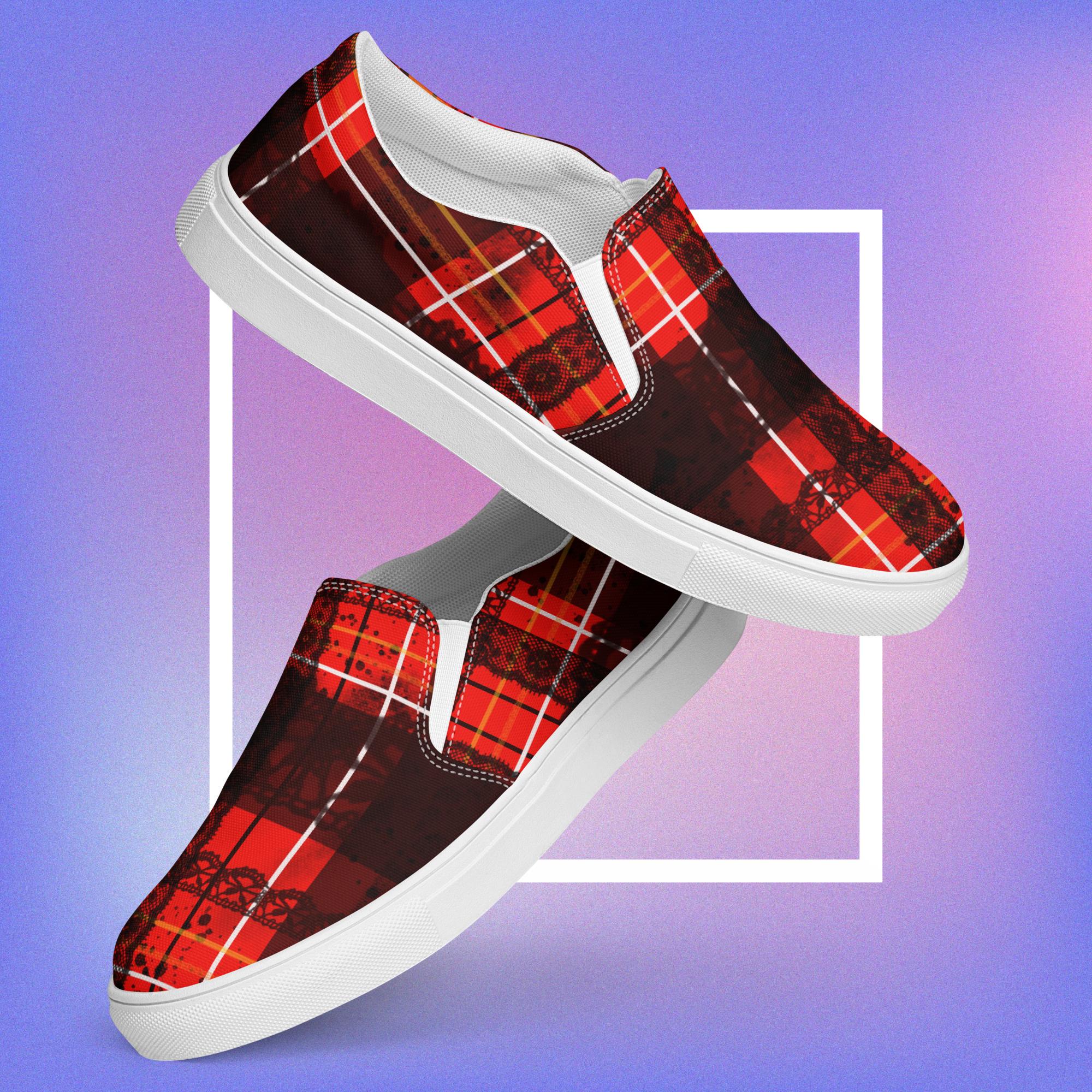 Gothic Tartan Lace Women's Slip-on Canvas Shoes, Punk Style, Red