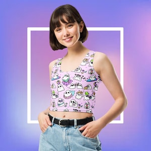 Vacation Ghosties Crop Top, pastel goth, kawaii jfashion, horror theme outfit, spooky vest, creepy cute, funky summerwear, all over print,