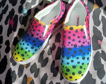 Rainbow quirk Women’s slip-on canvas shoes, vibrant aesthetic, kawaii style, funky outfit, skate wear, colorful pattern, LGBTQ pride,