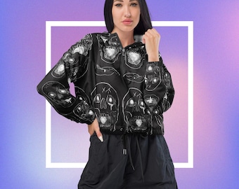 Gothic Gem Skulls Women’s Cropped Windbreaker, alternative jacket, spooky style, horror vibes, creepy cute, dark streetwear, goth aesthetic