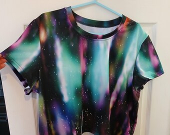 Space lights All-Over Print Crop Tee, sci-fi vibe, cute top, funky style, alternative outfit, geeky T-Shirt, artsy pattern, galaxy print