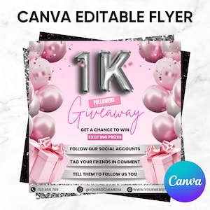 Folleto de sorteo de 1K, diseño de plantilla de volante de bricolaje, plantilla de redes sociales, folleto de boletos para rifa de productos ganadores, folleto de aniversario de Instagram prefabricado