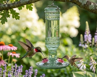Glass Bottle Hummingbird Bird Feeder Antique Green Vintage Nectar Hanging Perch, 10 Oz Hanging Bird Feeder, Balcony Bird Feeder, Bird Gift