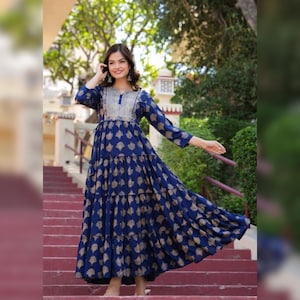 Indian Women Blue Rayon Embroidered Anarkali Flared Kurta Kurti beautiful Dress Indian Wedding Women Dress Pakistani Women Dress Gift Her