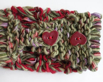 Headband / hat 5" wide ski band, winter messy bun hat, heart buttons adult women handknit crochet LifesanExpedition valentine Christmas i862