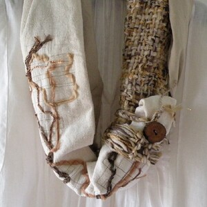 Wearable art scarf, women's knit crochet handwoven woven indie fashion, alpaca wool off white brown tan chunky scarf i356 LifesAnExpedition image 2