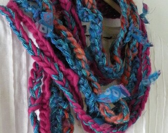 Crochet scarf, women's fiber art wool silk knit long scarf, indie design pink blue brown, boho lifeanexpedition i791 Life's an Expedition