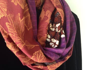 Leaf scarf, women's 6.5 feet long woven fall leaves red gold tan beige brown purple cotton silk Bohemian Lhasa i565 LifesAnExpedition