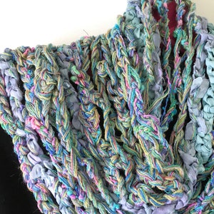 Crochet scarf, women's fashion knit, bohemian fiber art silk wool cotton blue pink purple Lhasa i801 Life's an Expedition LifesanExpedition image 3